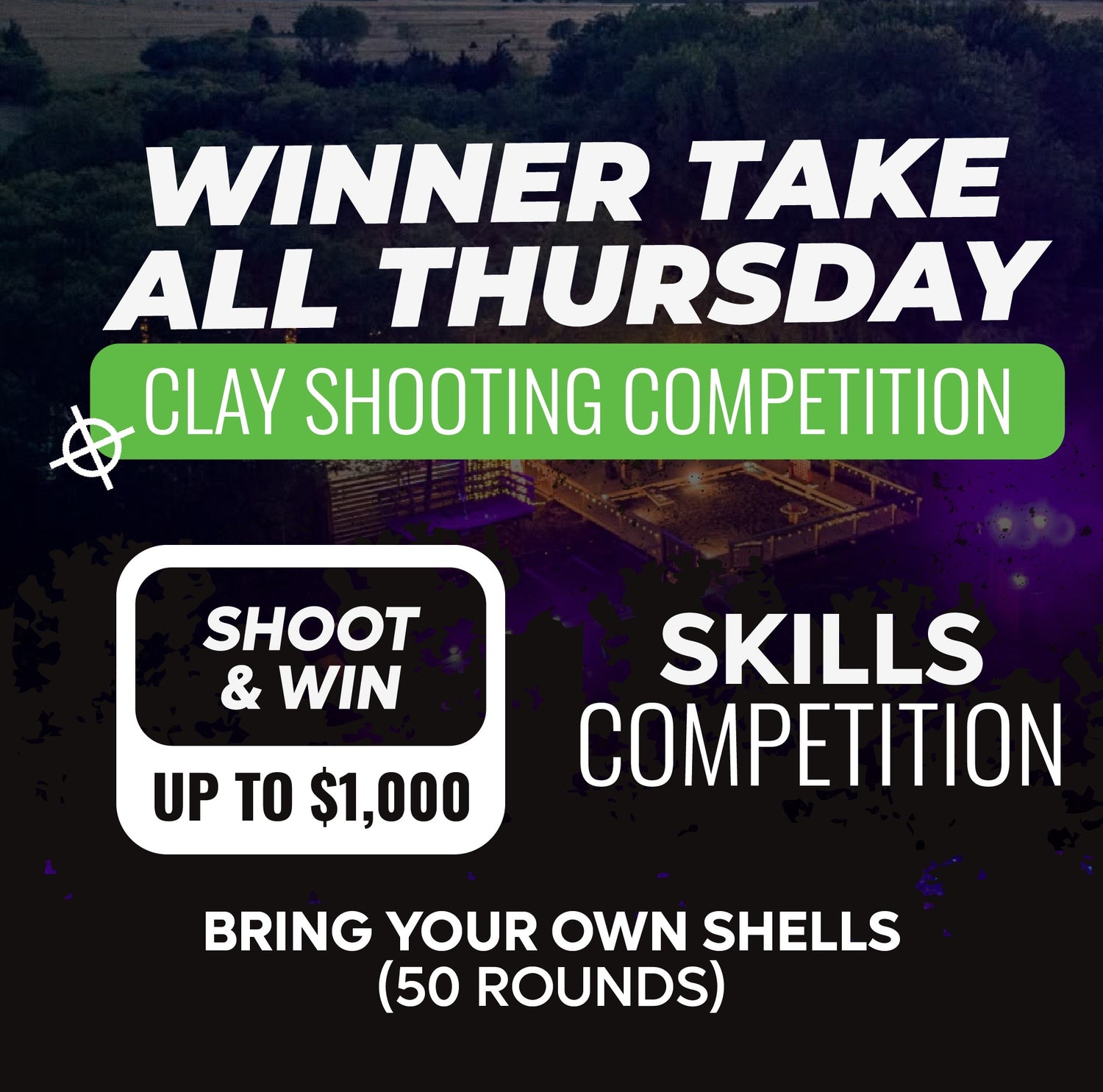 Promotional poster for a clay shooting competition with text and a target symbol.