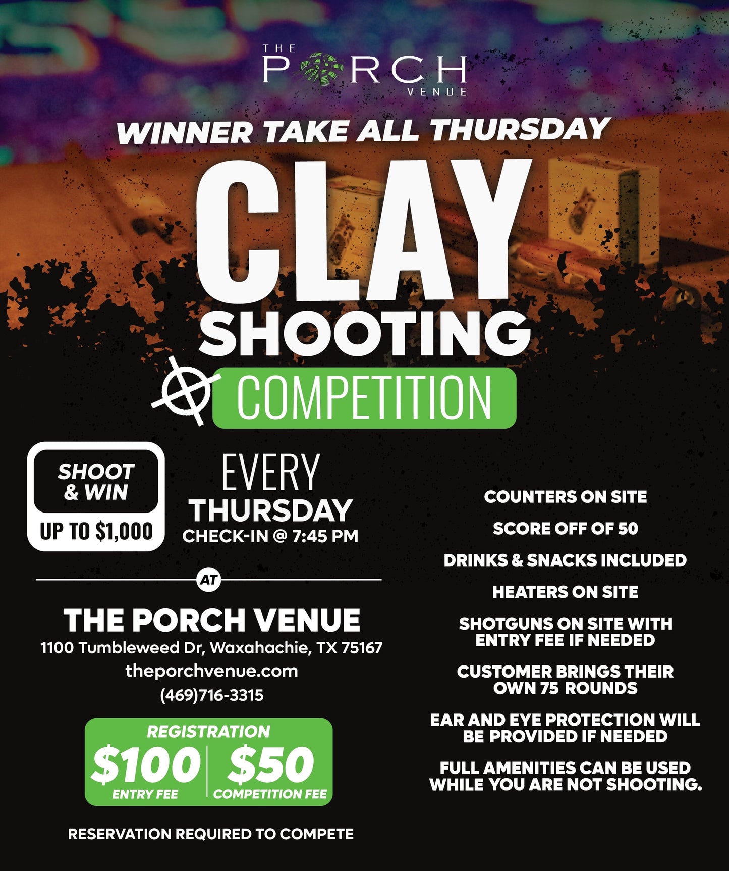 Advertisement for clay shooting competition at The Porch Venue with event details.